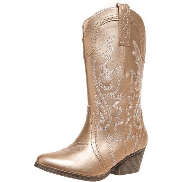 Women Cowgirl Gold Synthetic Mid Calf Embroidered Stitched...